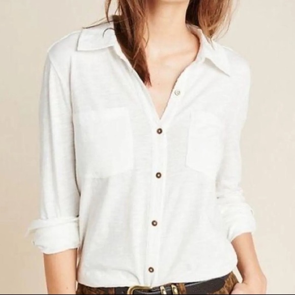 Maeve By Anthropologie Button Down White Pocket Cotton Shirt Women's Size Small - Picture 1 of 7